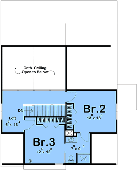 Country, Craftsman, Traditional House Plan 101438 with 3 Beds, 3 Baths Second Level Plan
