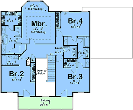 Colonial, Southern House Plan 101446 with 4 Beds, 4 Baths, 2 Car Garage Second Level Plan