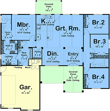 Contemporary, Farmhouse, Ranch House Plan 101449 with 4 Beds, 2 Baths, 2 Car Garage First Level Plan