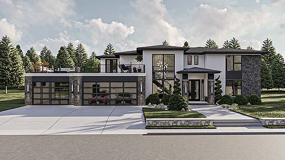 Contemporary, Modern, Prairie House Plan 101450 with 4 Beds, 4 Baths, 3 Car Garage Elevation