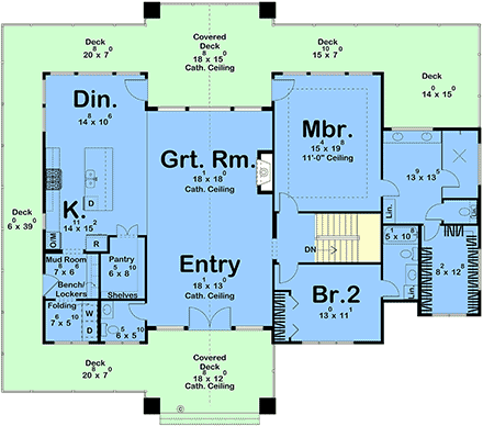 Coastal, Contemporary, Craftsman House Plan 101451 with 2 Beds, 3 Baths, 2 Car Garage First Level Plan