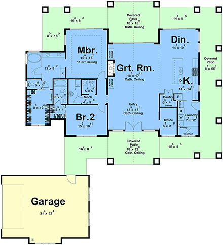 Coastal, Country, Craftsman House Plan 101452 with 2 Beds, 3 Baths, 2 Car Garage First Level Plan