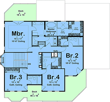 Contemporary, Country, Traditional, Victorian House Plan 101457 with 4 Beds, 5 Baths, 3 Car Garage Second Level Plan