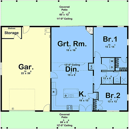 Barndominium, Cabin, Country, Farmhouse, Ranch House Plan 101463 with 2 Beds, 1 Baths, 1 Car Garage First Level Plan