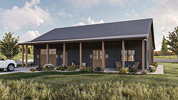 Barndominium, Cabin, Country, Farmhouse, Ranch House Plan 101463 with 2 Beds, 1 Baths, 1 Car Garage Elevation
