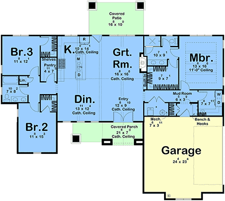 Country, Farmhouse House Plan 101465 with 3 Beds, 2 Baths, 2 Car Garage First Level Plan