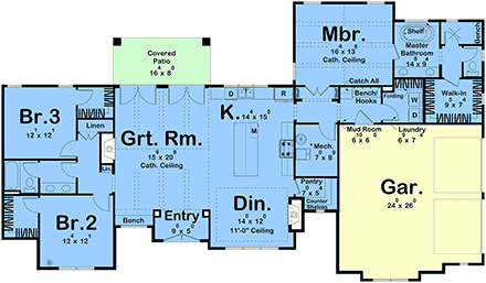 Cottage, Country, European, New American, Ranch House Plan 101466 with 3 Beds, 2 Baths, 2 Car Garage First Level Plan