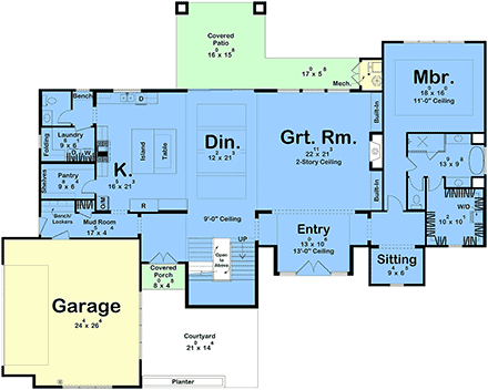 Contemporary, Cottage House Plan 101470 with 4 Beds, 4 Baths, 2 Car Garage First Level Plan