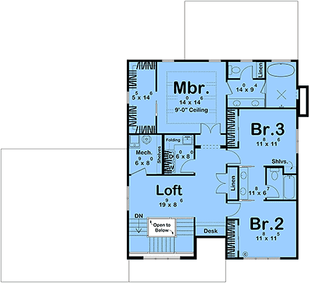 Contemporary, Cottage, European, Modern House Plan 101471 with 4 Beds, 3 Baths, 2 Car Garage Second Level Plan
