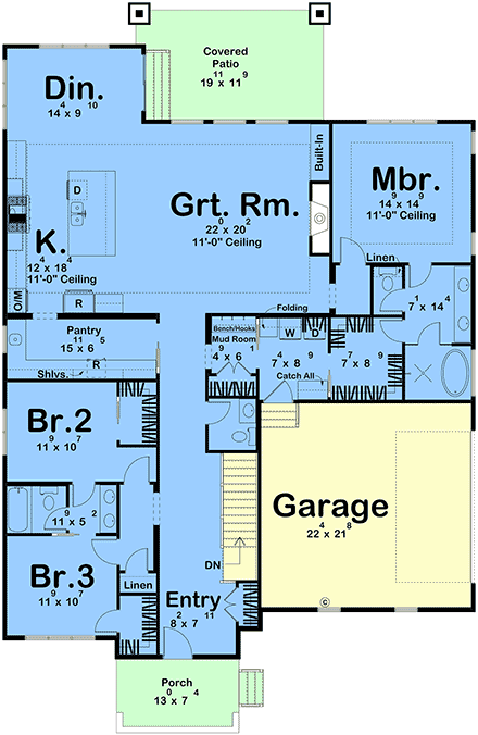 Contemporary, Cottage House Plan 101472 with 3 Beds, 3 Baths, 2 Car Garage First Level Plan