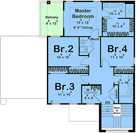 Contemporary, Modern House Plan 101479 with 4 Beds, 3 Baths, 2 Car Garage Second Level Plan