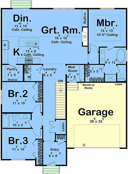 Country, Farmhouse, New American, Traditional House Plan 101481 with 3 Beds, 2 Baths, 2 Car Garage First Level Plan
