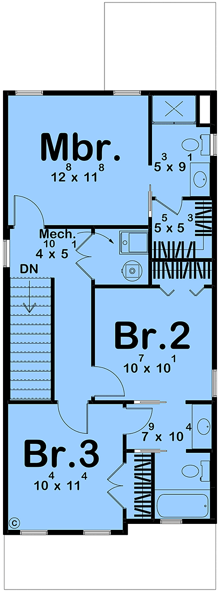 Traditional House Plan 101484 with 3 Beds, 3 Baths Second Level Plan