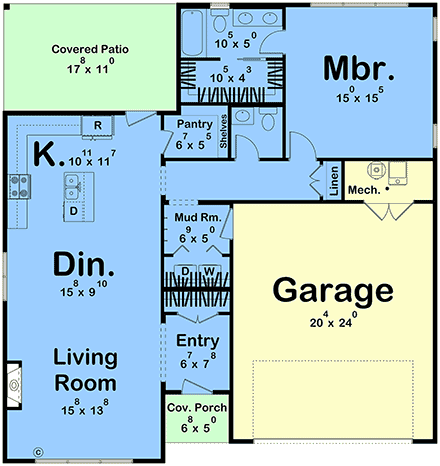 Ranch, Traditional House Plan 101488 with 1 Beds, 2 Baths, 2 Car Garage First Level Plan