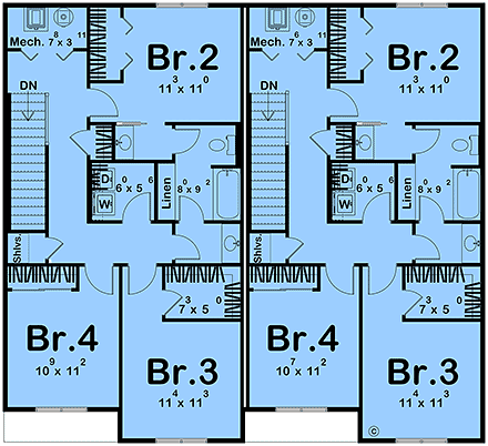 Contemporary, Farmhouse Multi-Family Plan 101490 with 8 Beds, 6 Baths Second Level Plan