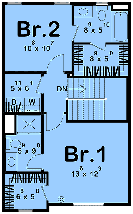 Contemporary, Cottage, Traditional House Plan 101491 with 2 Beds, 3 Baths Second Level Plan