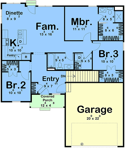 Traditional House Plan 101496 with 3 Beds, 2 Baths, 2 Car Garage First Level Plan