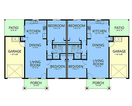 Bungalow, Coastal, Craftsman Multi-Family Plan 101516 with 4 Beds, 2 Baths, 2 Car Garage First Level Plan