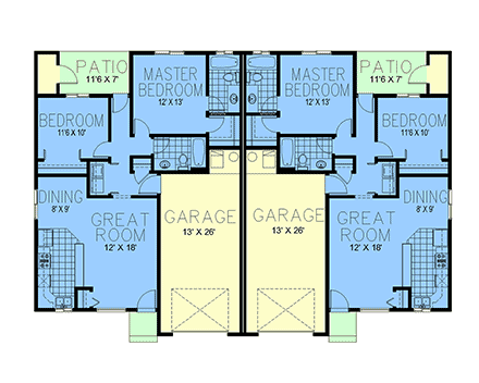 Cabin, Country, Craftsman Multi-Family Plan 101517 with 4 Beds, 4 Baths, 2 Car Garage First Level Plan