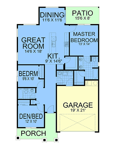 Bungalow, Craftsman, Traditional House Plan 101533 with 3 Beds, 2 Baths, 2 Car Garage First Level Plan
