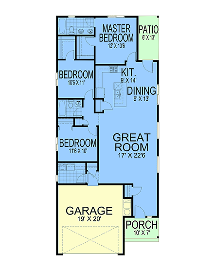 Bungalow, Craftsman, Traditional House Plan 101536 with 3 Beds, 2 Baths, 2 Car Garage First Level Plan