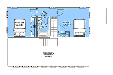 Cottage, Modern House Plan 101800 with 3 Beds, 3 Baths Second Level Plan