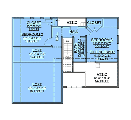 Farmhouse, New American, Traditional House Plan 101801 with 3 Beds, 3 Baths, 2 Car Garage Second Level Plan