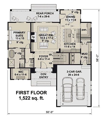Contemporary, Farmhouse, New American, Traditional House Plan 101905 with 4 Beds, 4 Baths, 2 Car Garage First Level Plan