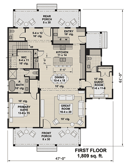 Contemporary, Country, Farmhouse House Plan 101911 with 4 Beds, 5 Baths First Level Plan