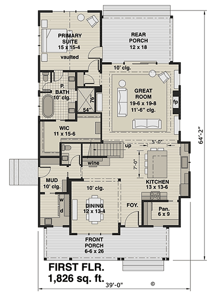 Bungalow, Cottage, Country, Farmhouse, Traditional House Plan 101914 with 3 Beds, 4 Baths First Level Plan