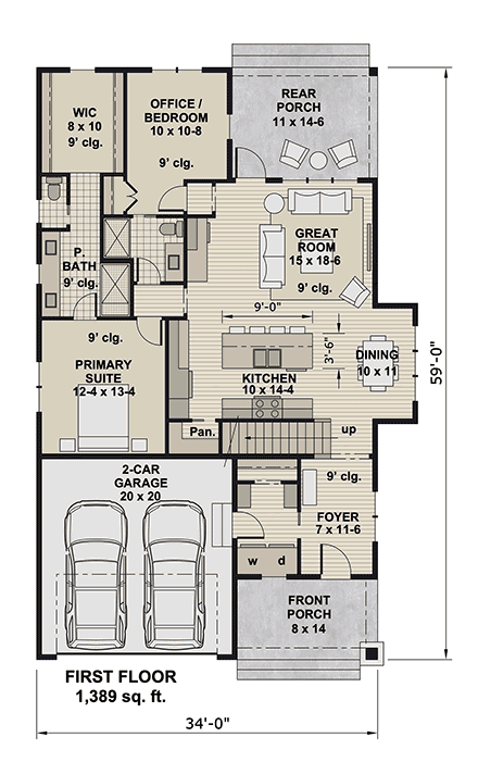 Bungalow, Country, Craftsman, Farmhouse, Traditional House Plan 101921 with 4 Beds, 4 Baths, 2 Car Garage First Level Plan