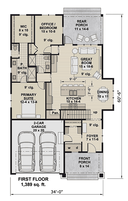 Bungalow, Country, Craftsman House Plan 101922 with 4 Beds, 4 Baths, 2 Car Garage First Level Plan
