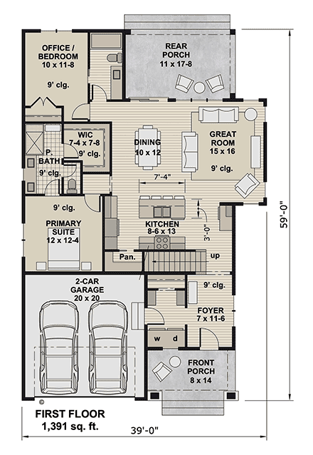 Bungalow, Country, Craftsman, New American House Plan 101928 with 4 Beds, 4 Baths, 2 Car Garage First Level Plan