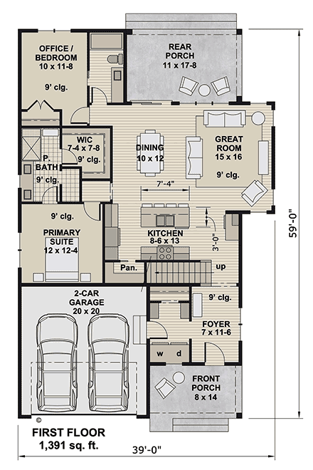 Bungalow, Contemporary, Country, Craftsman House Plan 101929 with 4 Beds, 4 Baths, 2 Car Garage First Level Plan