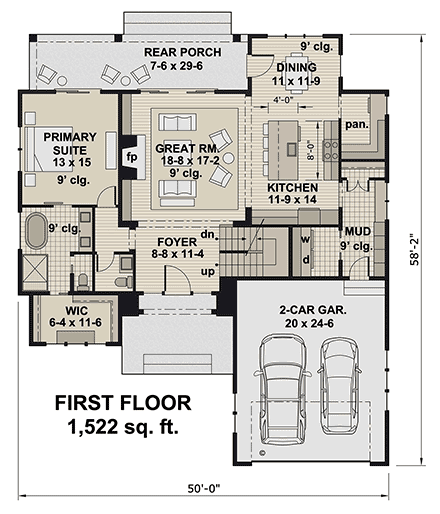 Contemporary, Country House Plan 101931 with 3 Beds, 4 Baths, 2 Car Garage First Level Plan
