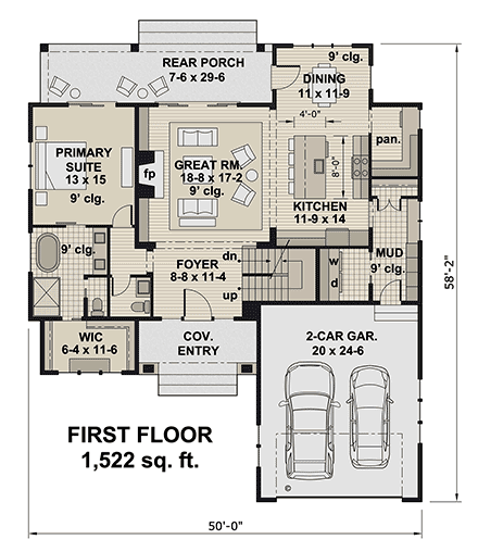 Country, Craftsman, Traditional House Plan 101934 with 3 Beds, 4 Baths, 2 Car Garage First Level Plan