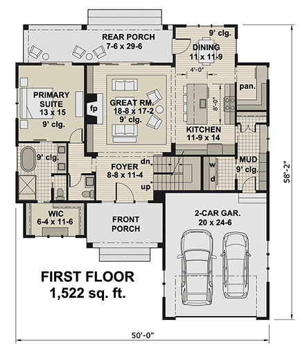Contemporary, Country, Farmhouse, New American House Plan 101935 with 3 Beds, 4 Baths, 2 Car Garage First Level Plan