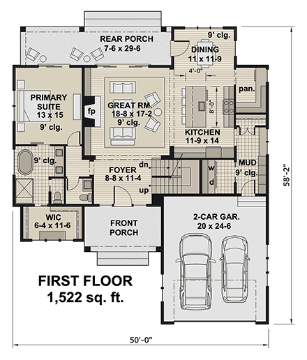 Contemporary, Country, Farmhouse, New American House Plan 101936 with 4 Beds, 4 Baths, 2 Car Garage First Level Plan