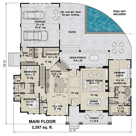 Country, Craftsman, Farmhouse, New American House Plan 101939 with 3 Beds, 3 Baths, 2 Car Garage First Level Plan