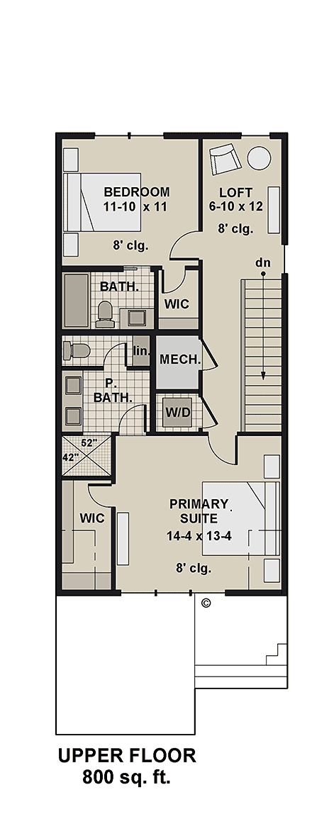 Craftsman, Traditional House Plan 101947 with 2 Beds, 3 Baths, 1 Car Garage Second Level Plan