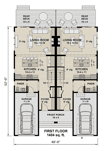 Contemporary, Country, Farmhouse Multi-Family Plan 101949 with 4 Beds, 6 Baths, 2 Car Garage First Level Plan