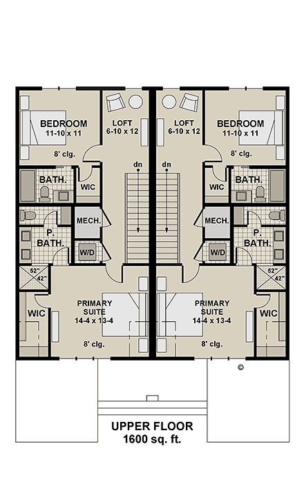 Contemporary, Country, Farmhouse Multi-Family Plan 101949 with 4 Beds, 6 Baths, 2 Car Garage Second Level Plan