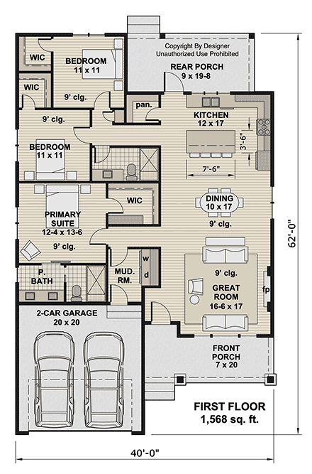 Bungalow, Contemporary, Craftsman, Farmhouse, New American House Plan 101959 with 3 Beds, 2 Baths, 2 Car Garage First Level Plan