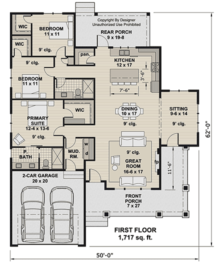 Bungalow, Country, Craftsman, Traditional House Plan 101962 with 3 Beds, 2 Baths, 2 Car Garage First Level Plan