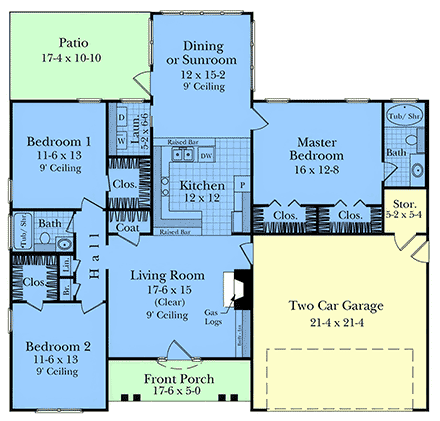 Cottage, Ranch, Traditional House Plan 102002 with 3 Beds, 2 Baths, 2 Car Garage First Level Plan