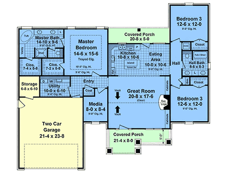 Cottage, Craftsman, Ranch House Plan 102003 with 3 Beds, 2 Baths, 2 Car Garage First Level Plan