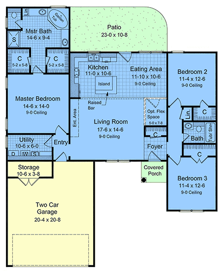 Farmhouse, Ranch, Traditional House Plan 102010 with 3 Beds, 2 Baths, 2 Car Garage First Level Plan