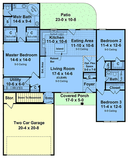 Farmhouse, Ranch, Traditional House Plan 102011 with 3 Beds, 2 Baths, 2 Car Garage First Level Plan