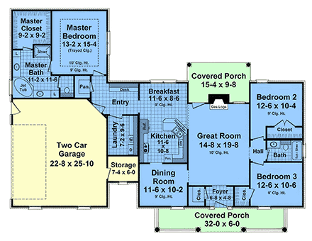 Farmhouse, Ranch, Traditional House Plan 102012 with 3 Beds, 2 Baths, 2 Car Garage First Level Plan