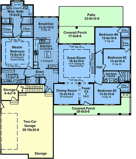 Country, Farmhouse, Traditional House Plan 102015 with 4 Beds, 3 Baths, 2 Car Garage First Level Plan